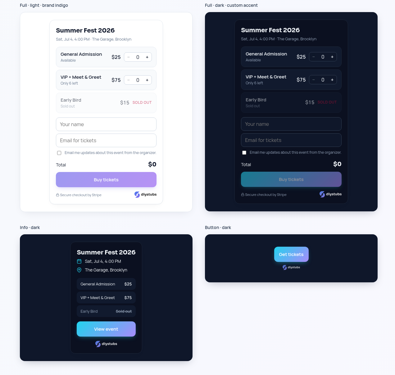 DIY Stubs embed widget in light and dark themes