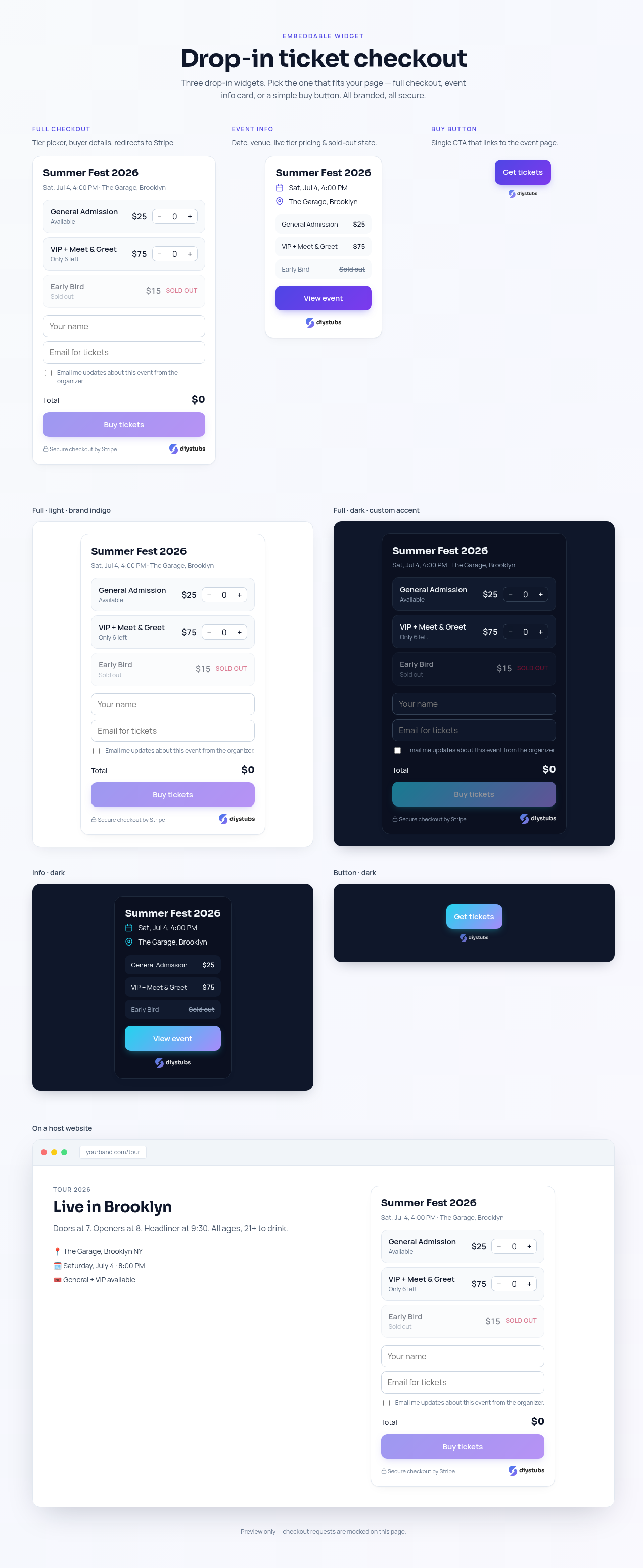 Full checkout, event info, and buy button embed variants